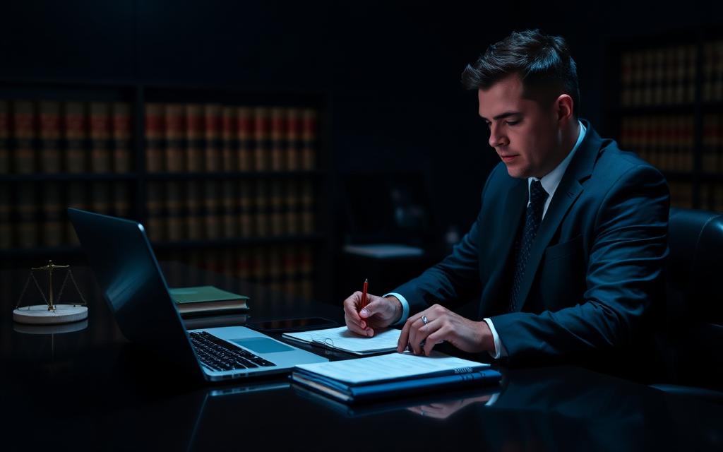 Anwalt arbeitet mit Akten und Laptop am Schreibtisch vor einer Bibliothek