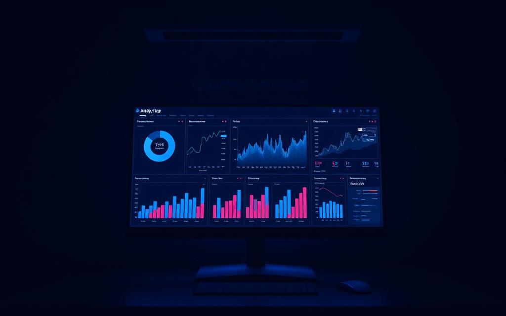 Monitor mit Auswertungs-Dashboard und Diagrammen