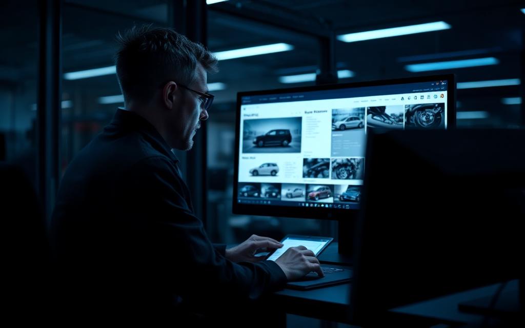 Gutachter prüft eine digitale Gutachten-Akte mit Fahrzeugfotos am Monitor