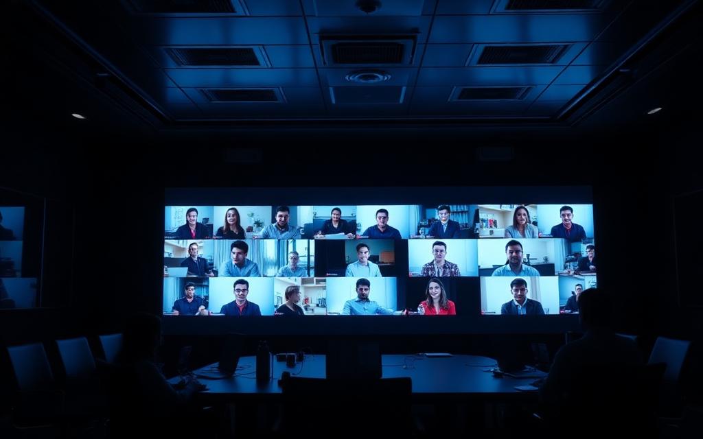 Videokonferenz mit vielen Teilnehmenden auf einer großen Leinwand im Besprechungsraum