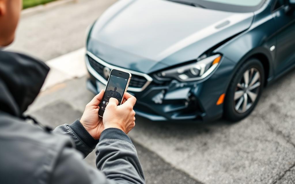Gutachter fotografiert mit dem Smartphone einen Frontschaden an einem Auto im Freien