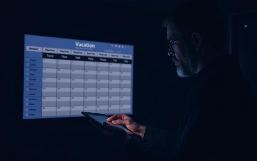 Personalverantwortlicher prüft Urlaubsplanung am Bildschirm und Tablet