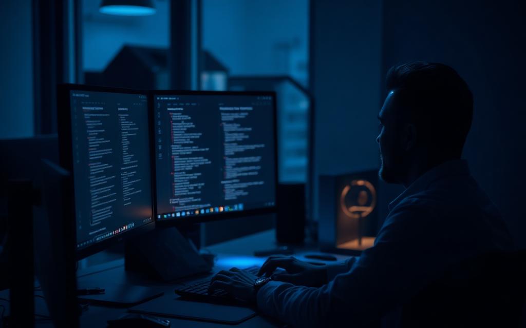 Mitarbeiter bearbeitet E-Mails an einem Doppelmonitor-Arbeitsplatz