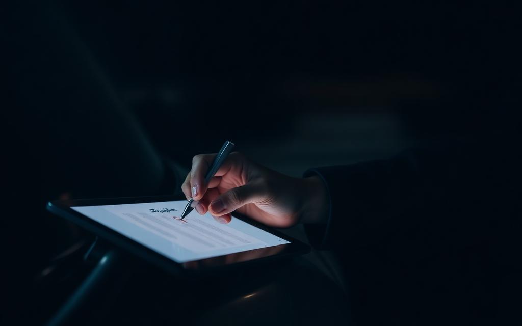 Unterschrift auf einem digitalen Übergabeprotokoll am Tablet