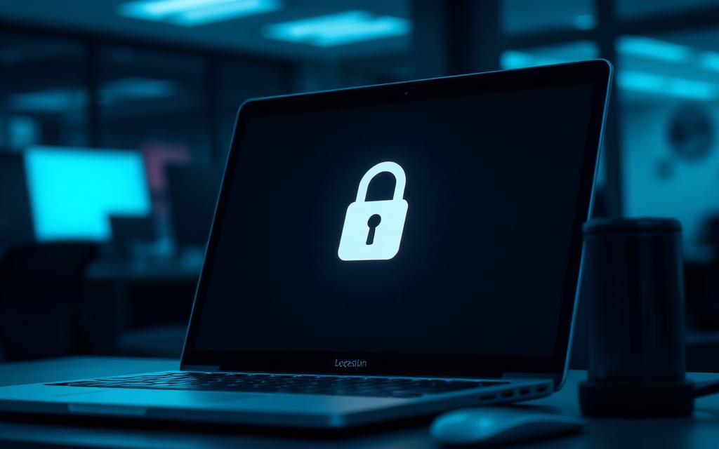 Laptop mit Sicherheits-Schloss-Symbol auf einem Büroschreibtisch